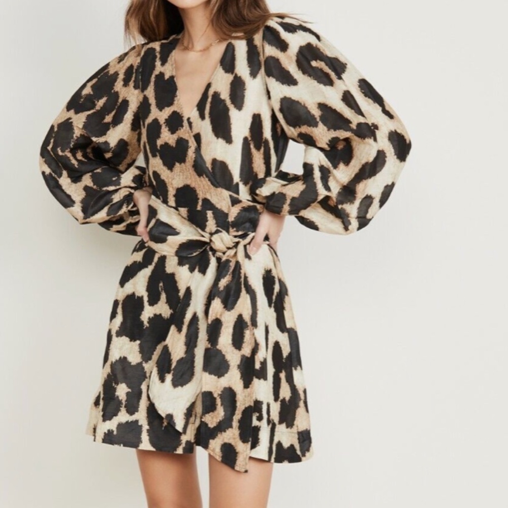 GANNI Silk Linen Leopard Mini Wrap Dress, Maxi Leopard Size 36